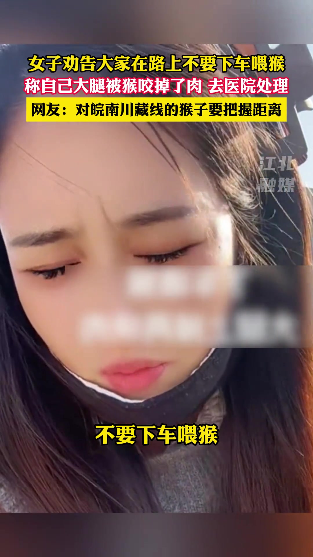 女子劝告大家在路上不要下车喂猴，称自己大腿被猴咬掉了肉