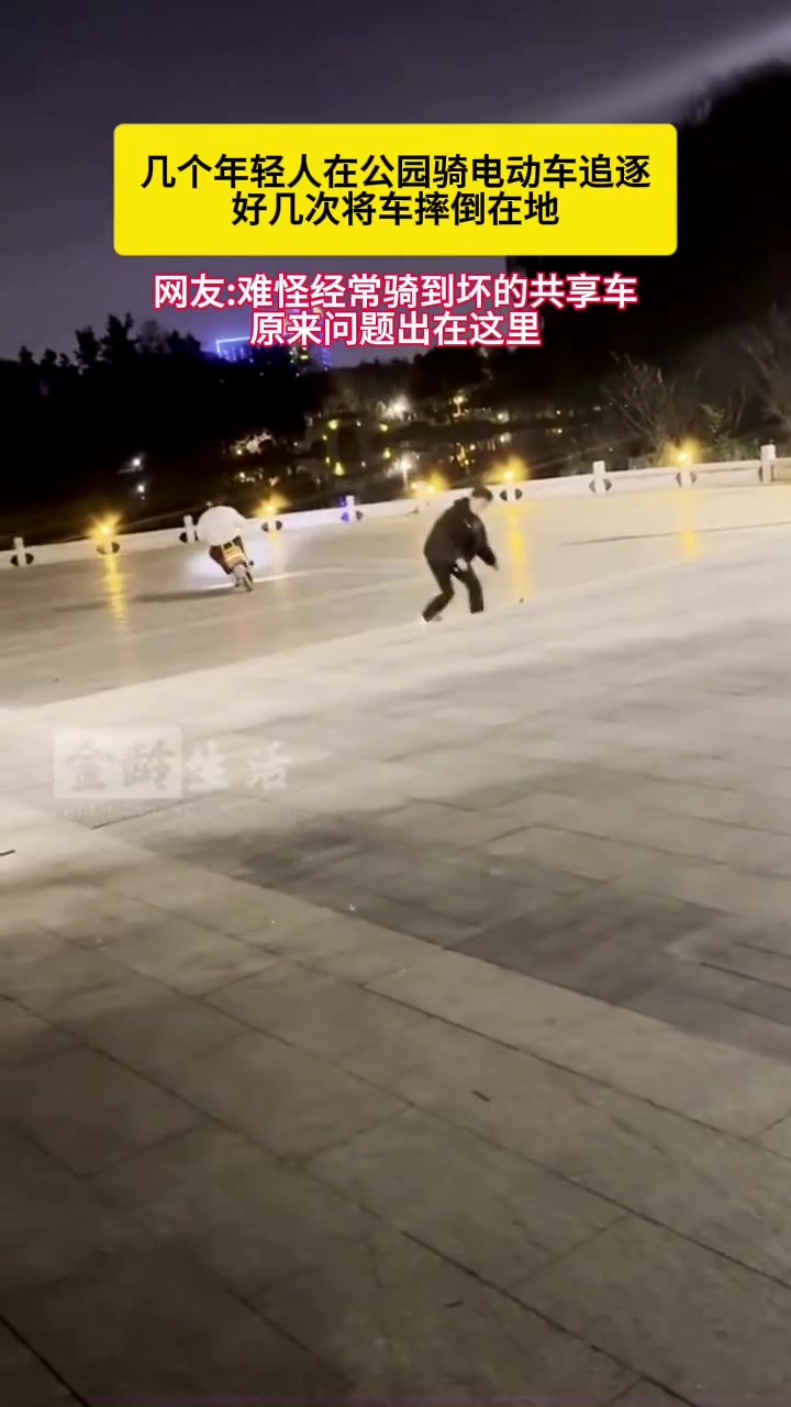 几个年轻人在公园骑电动车追逐，好几次将车摔倒在地