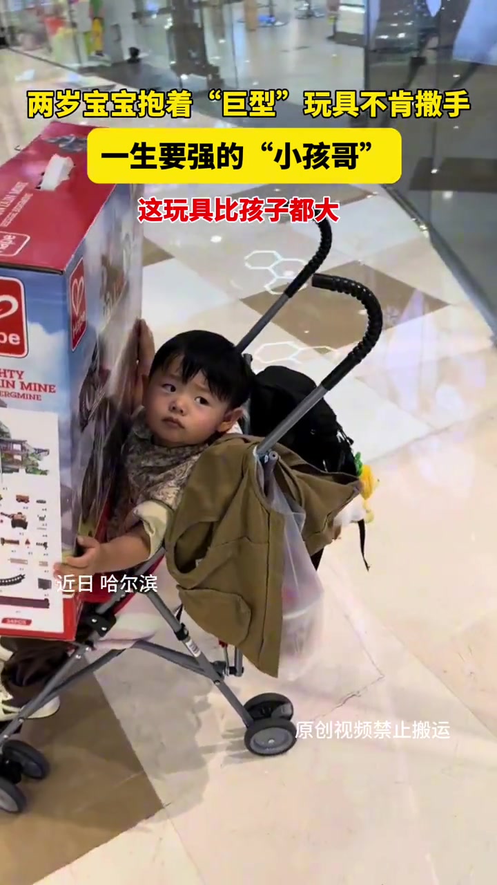 两岁宝宝抱着“巨大”玩具不肯放手一生要强的“小孩哥”