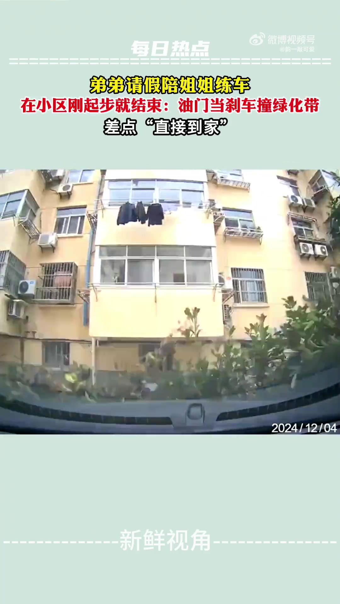 弟弟请假陪姐姐练车刚起步就结束：油门当刹车撞绿化带
