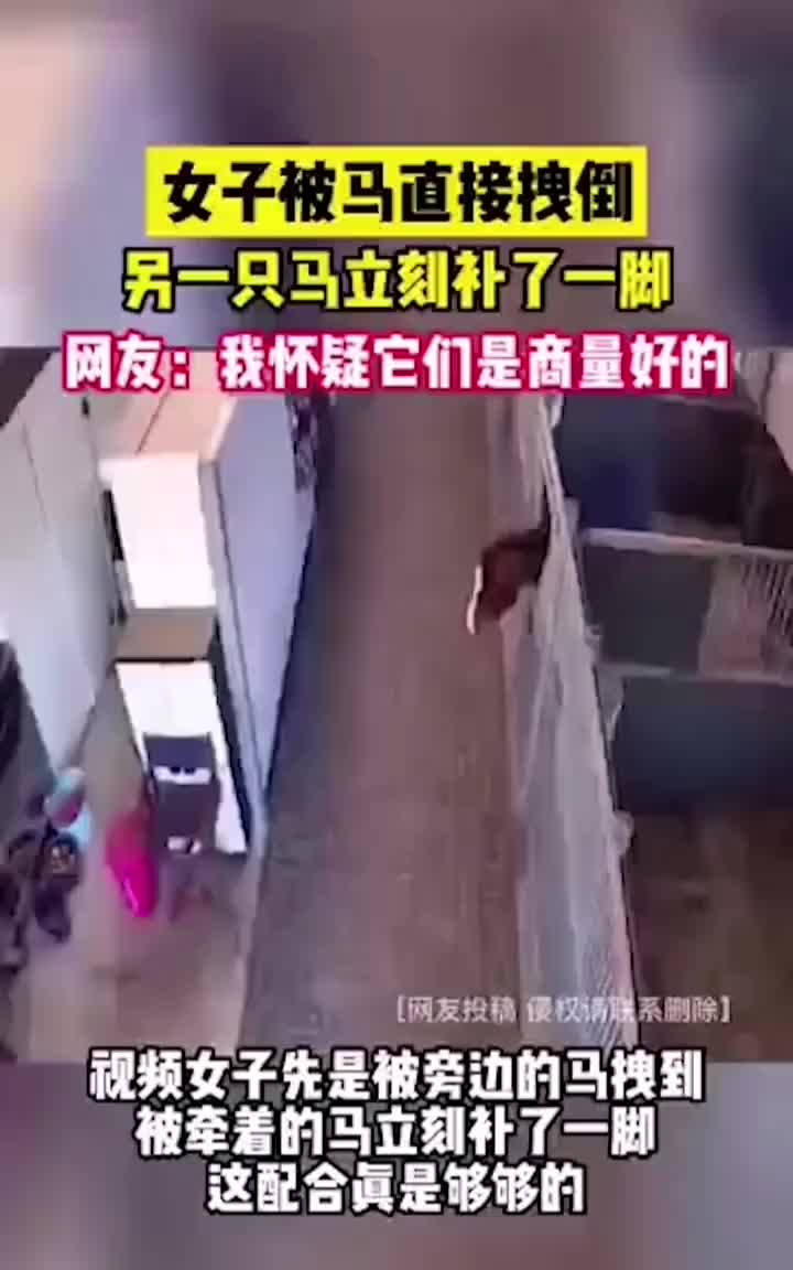 女子被马直接拽倒