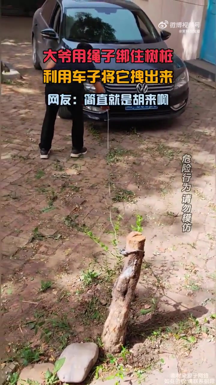 大爷用绳绑树桩用车拽出，网友：胡来，不怕树桩砸玻璃