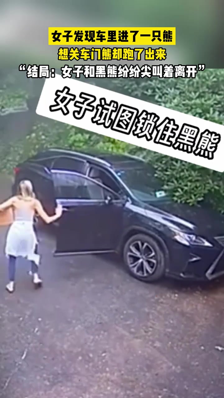 女子发现车里进了一只熊，想关车门熊却跑了出来！
