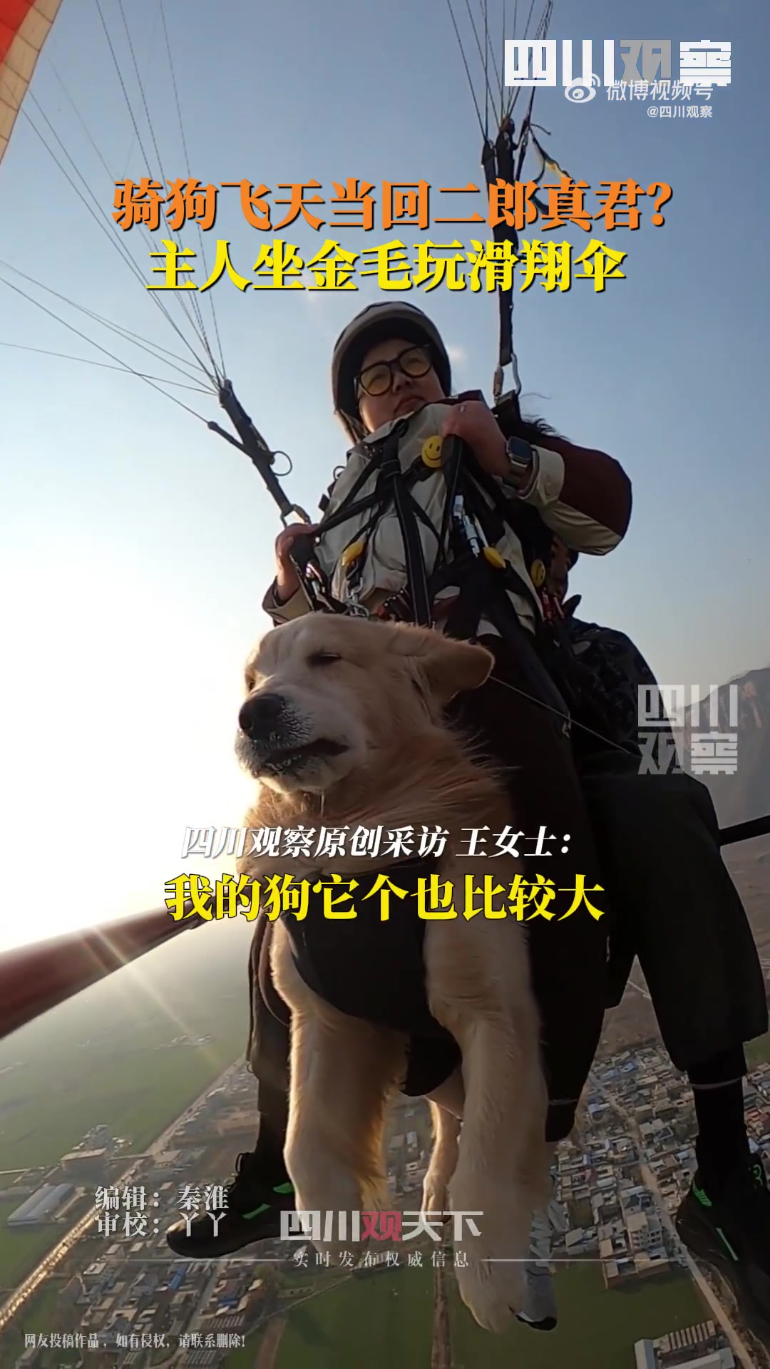 主人骑大金毛玩滑翔伞