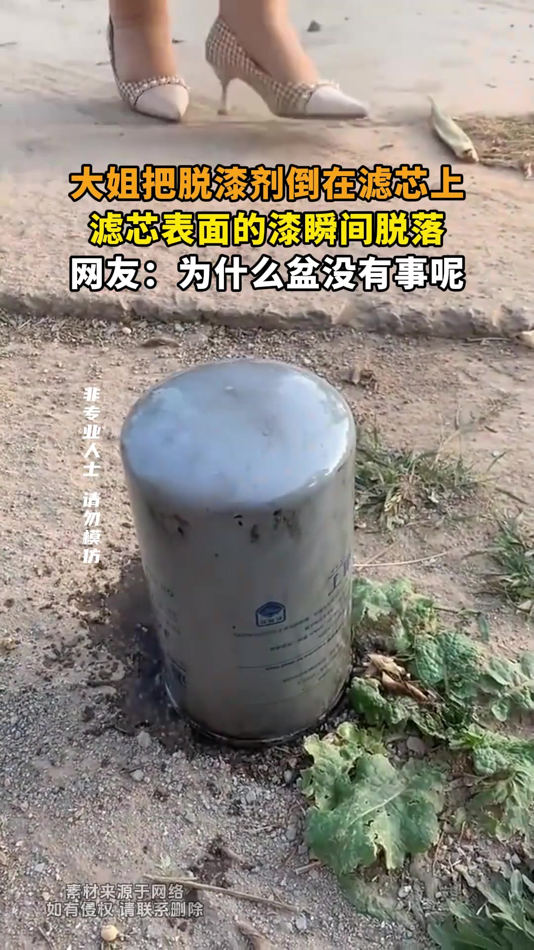 大姐把脱漆剂倒在滤芯上，滤芯表面的漆瞬间脱落！盆咋没有事呢