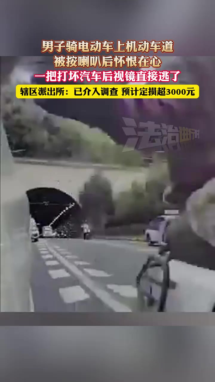男子骑电动车被按喇叭后怀恨在心，一把打坏汽车后视镜直接逃了
