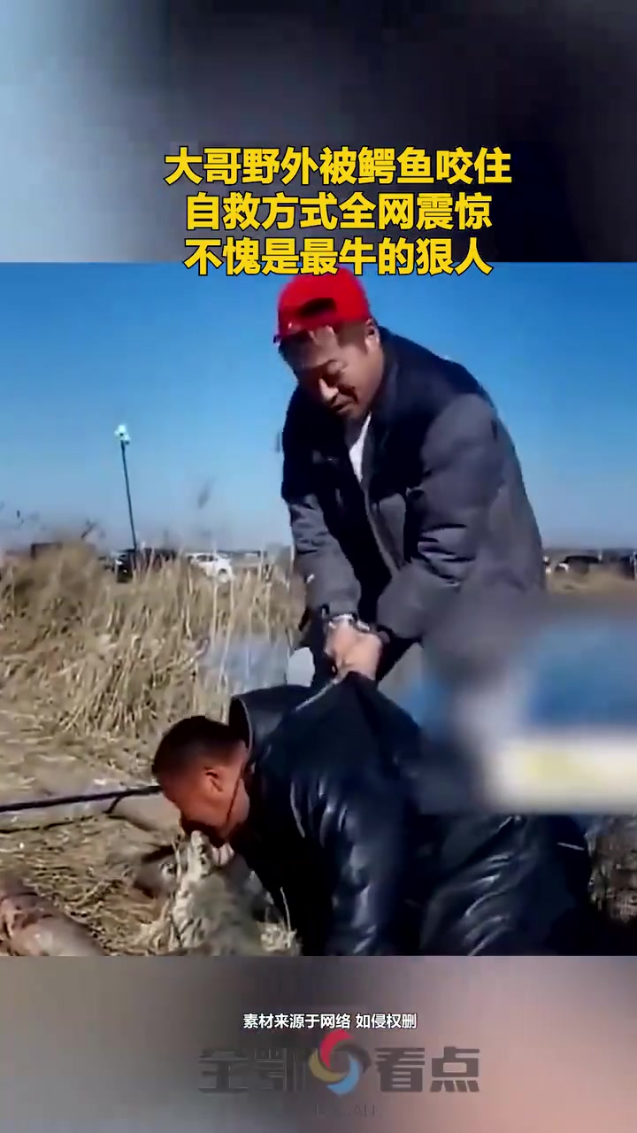 大哥野外被鳄鱼咬住