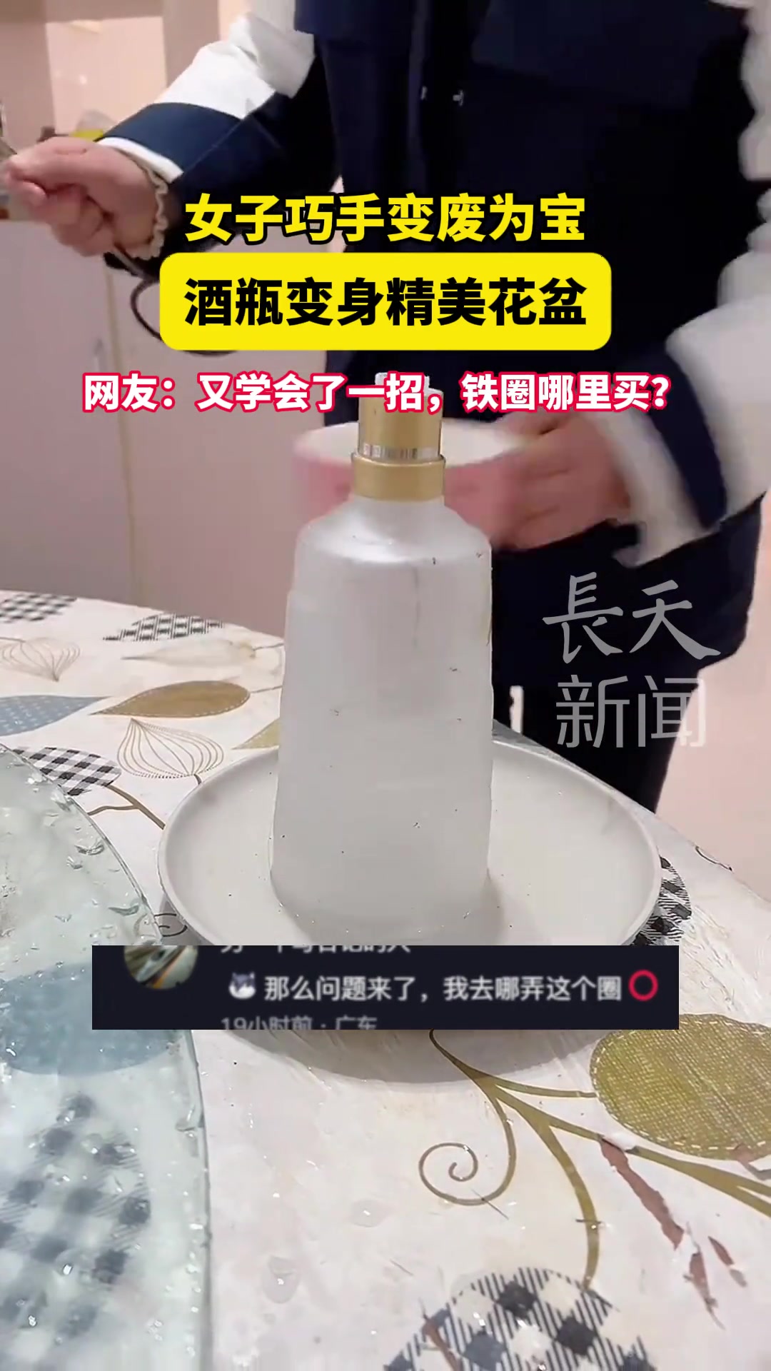 女生巧手变废为宝，酒瓶变身精美花盆！