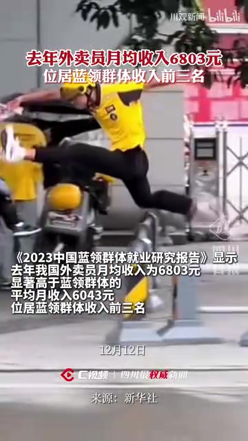 我国去年外卖员月均收入6803元，位居蓝领群体收入前三名