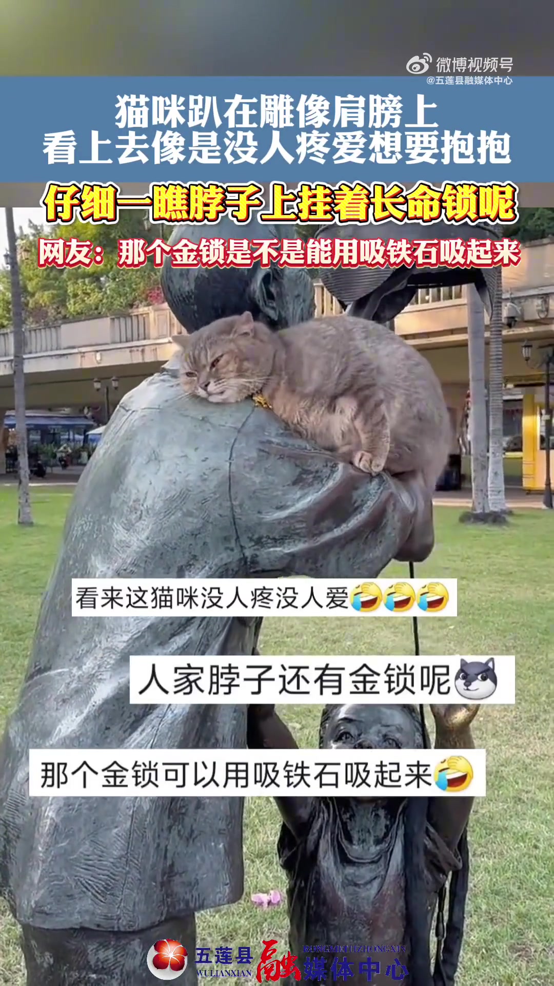 猫咪趴在雕像肩膀上，看上去像是没人疼爱想要抱抱