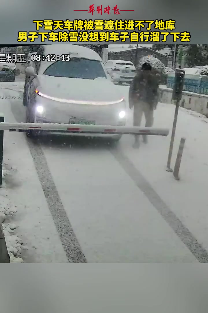车牌被雪遮住进不了地库，男子下车除雪没想到车子