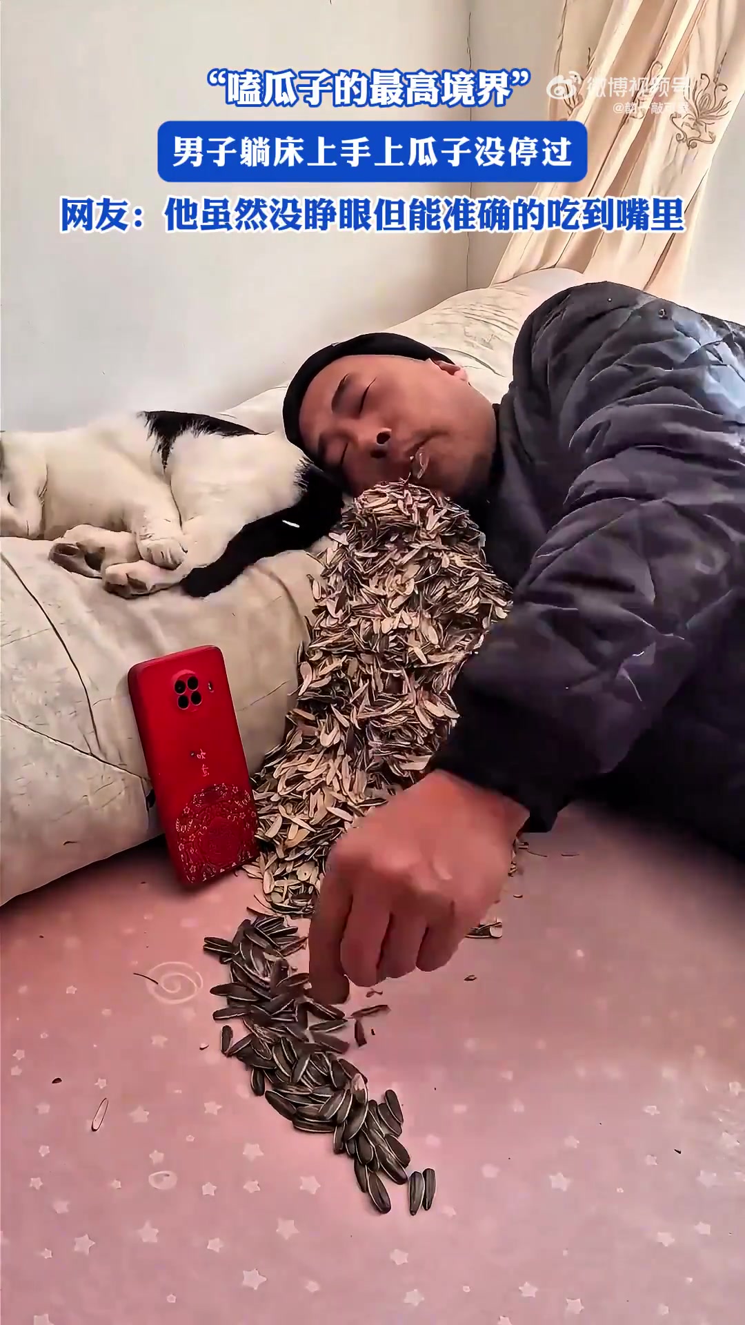 “嗑瓜子的最高境界”，男子躺床上手上瓜子没停过，网友：他虽然