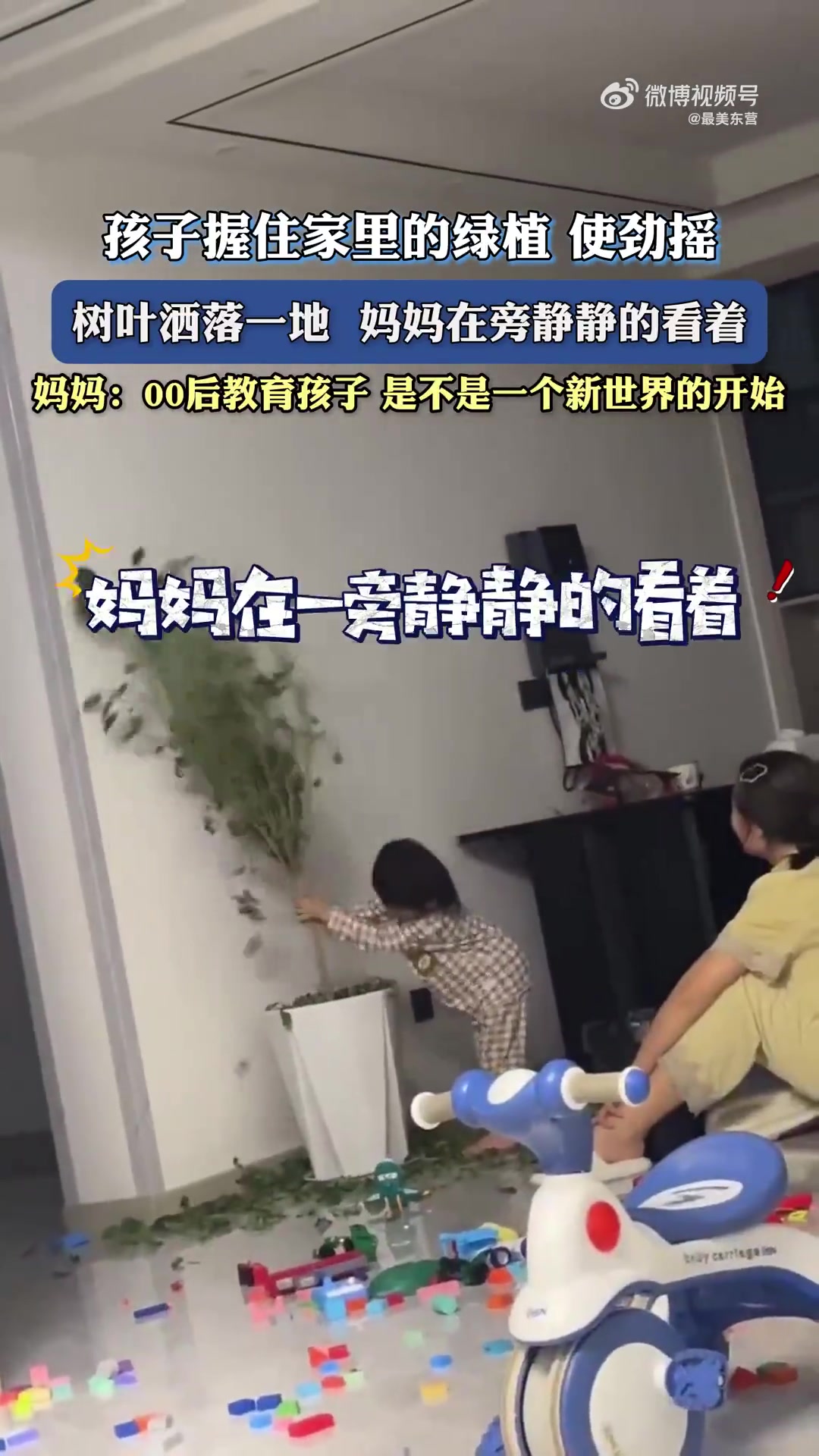 孩子握住家里的绿植使劲摇，树叶洒落一地，妈妈在旁静静的看着