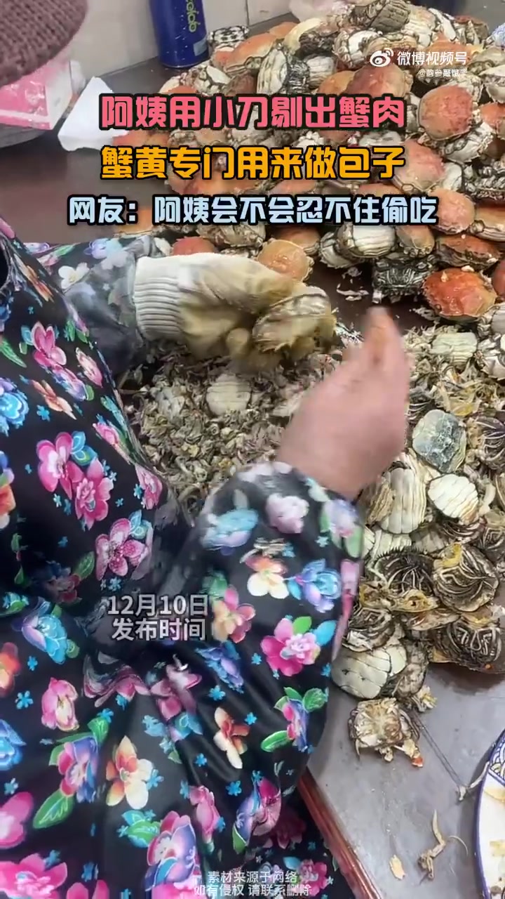 阿姨用小刀剔出蟹肉，蟹黄专门用来做包子！