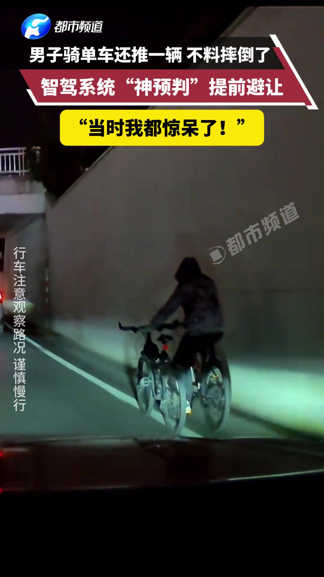 男子骑单车还推一辆，不料摔倒了智驾系统“神预判”提前避让