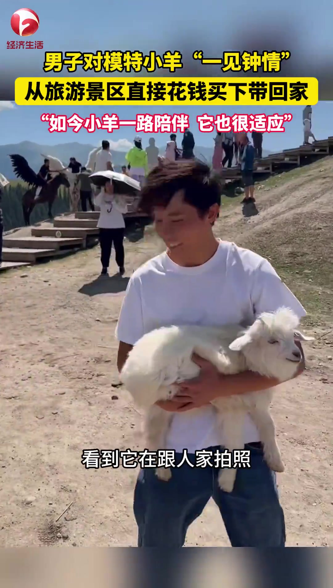 男子在新疆旅游，对景区配合游客拍照的小羊“一见钟情”