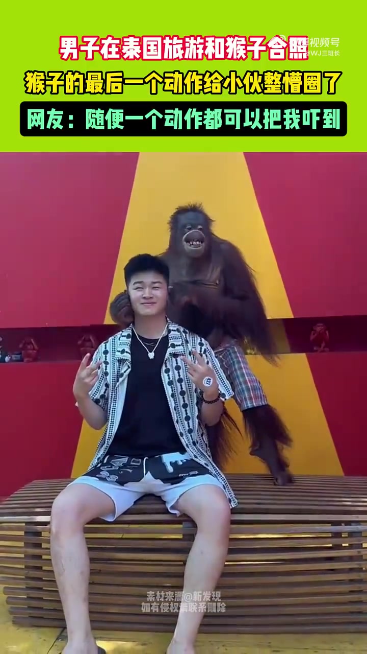 男子在泰与猴合照，猴的动作让小伙懵圈，网友：吓死人
