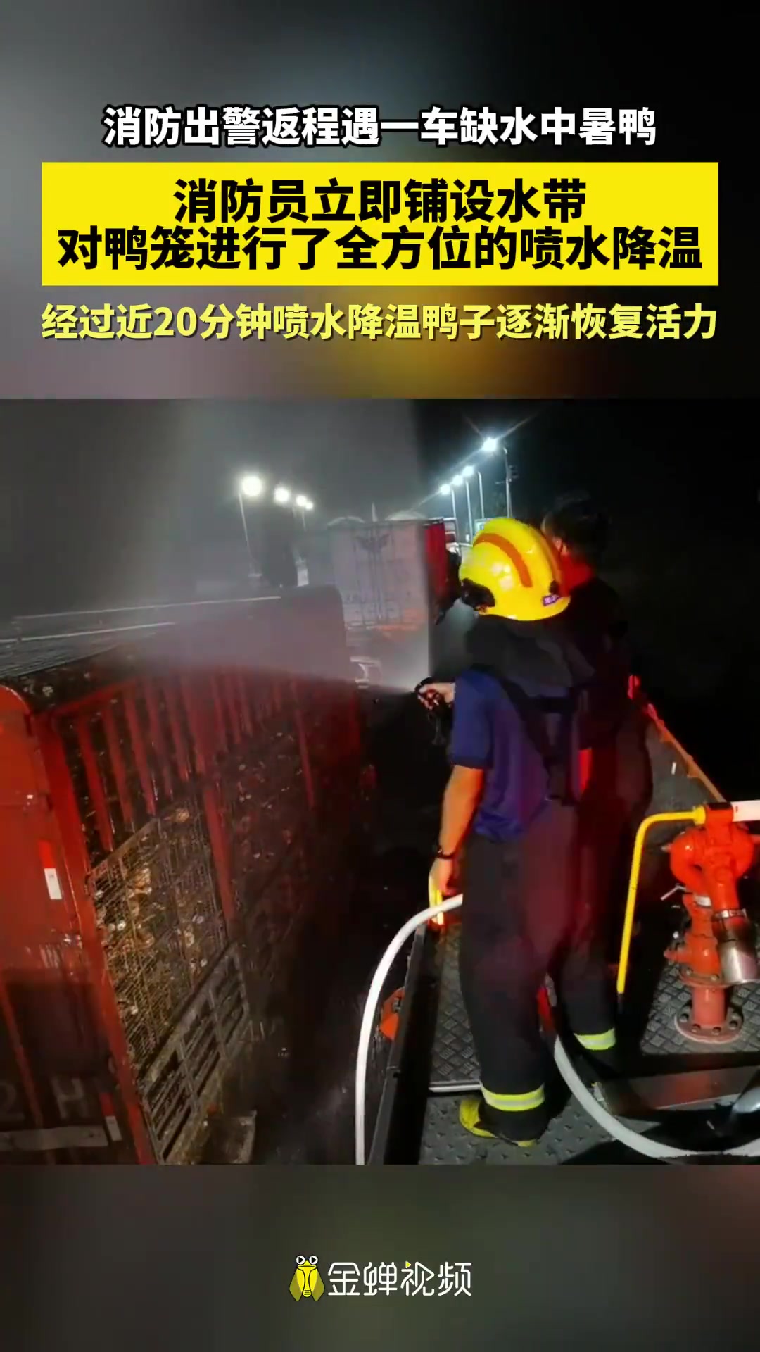 消防出警返程遇一车缺水中暑鸭，消防员立即铺设水带进行喷水降温