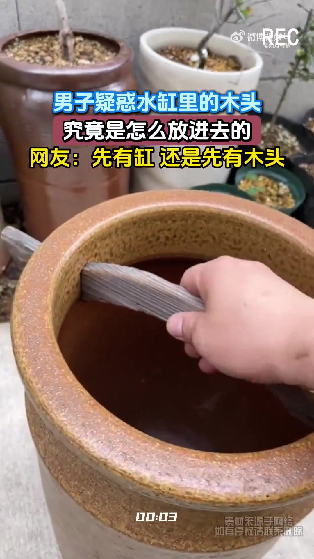 男子疑惑水缸里的木头，究竟是怎么放进去的