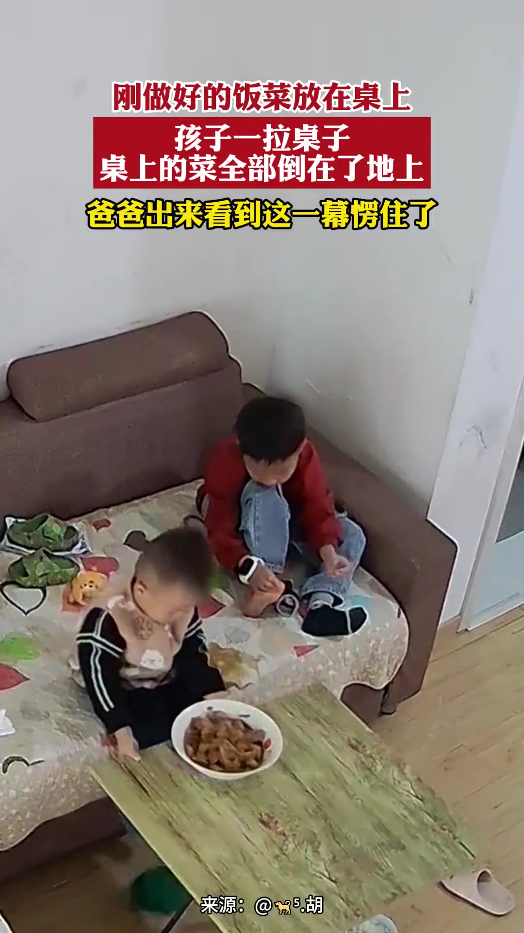 刚做好的饭菜放在桌上，孩子一拉桌子，桌上的菜全部倒在了地上