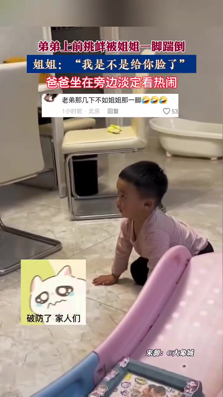 弟弟挑衅姐姐被一脚踹倒，姐姐：我是不是给你脸爸爸淡定看热闹