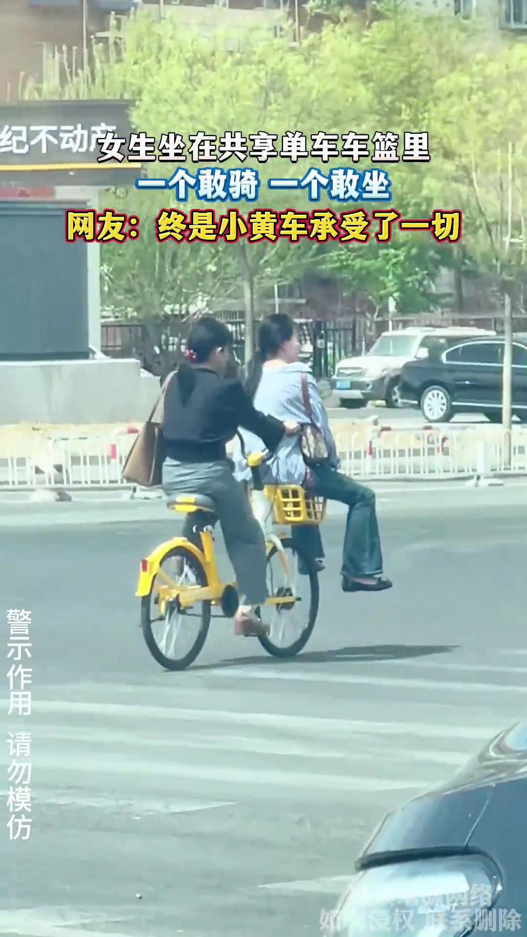 女生坐在共享单车车篮里，一个敢骑一个敢坐