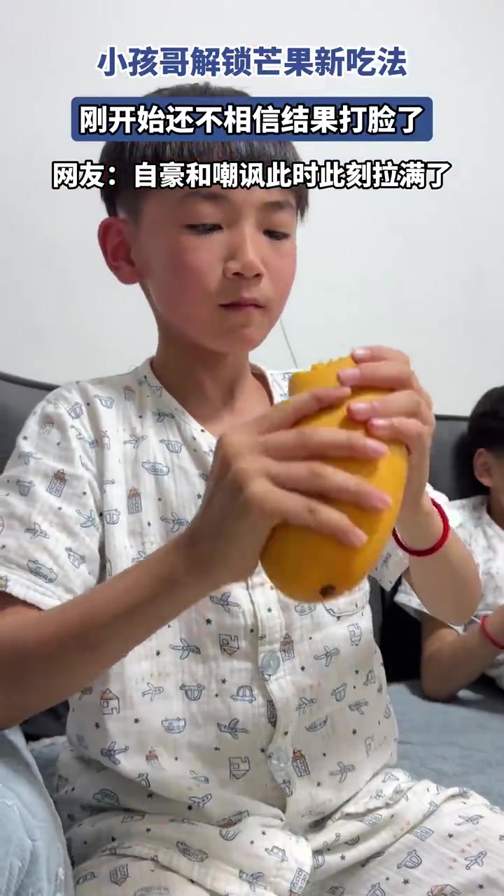 小孩哥解锁芒果新吃法，网友：自豪和嘲讽此时此刻拉满了