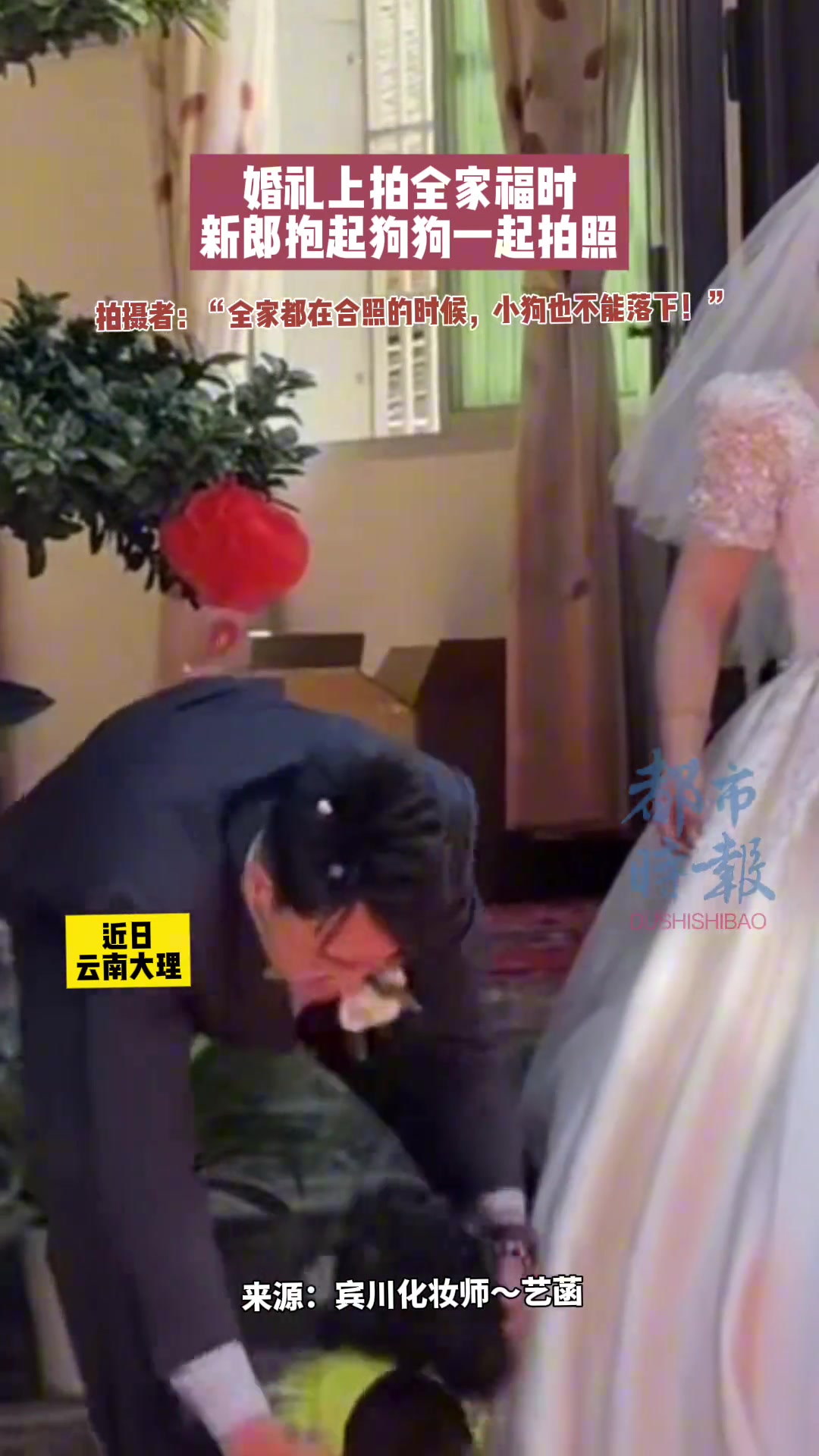 婚礼上拍全家福时新郎抱起狗狗一起拍照