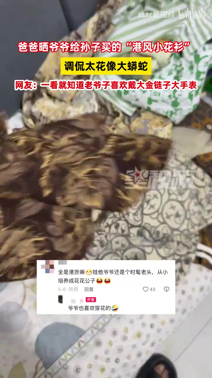 爷爷给孙子买“港风小花衫”，爸爸调侃太花像大蟒蛇，得配大金链