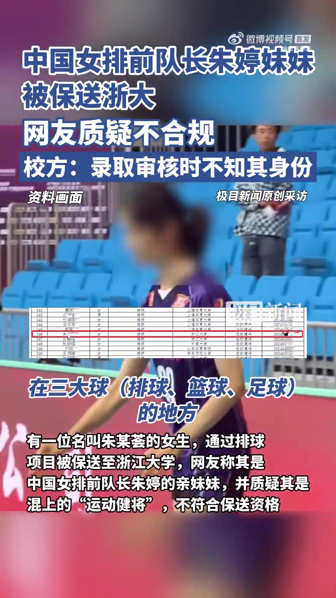 女排朱婷妹妹被保送浙大受质疑，校方：录取审核时不知其身份