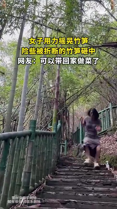 女子用力摇晃竹笋，险被将折竹笋砸中
