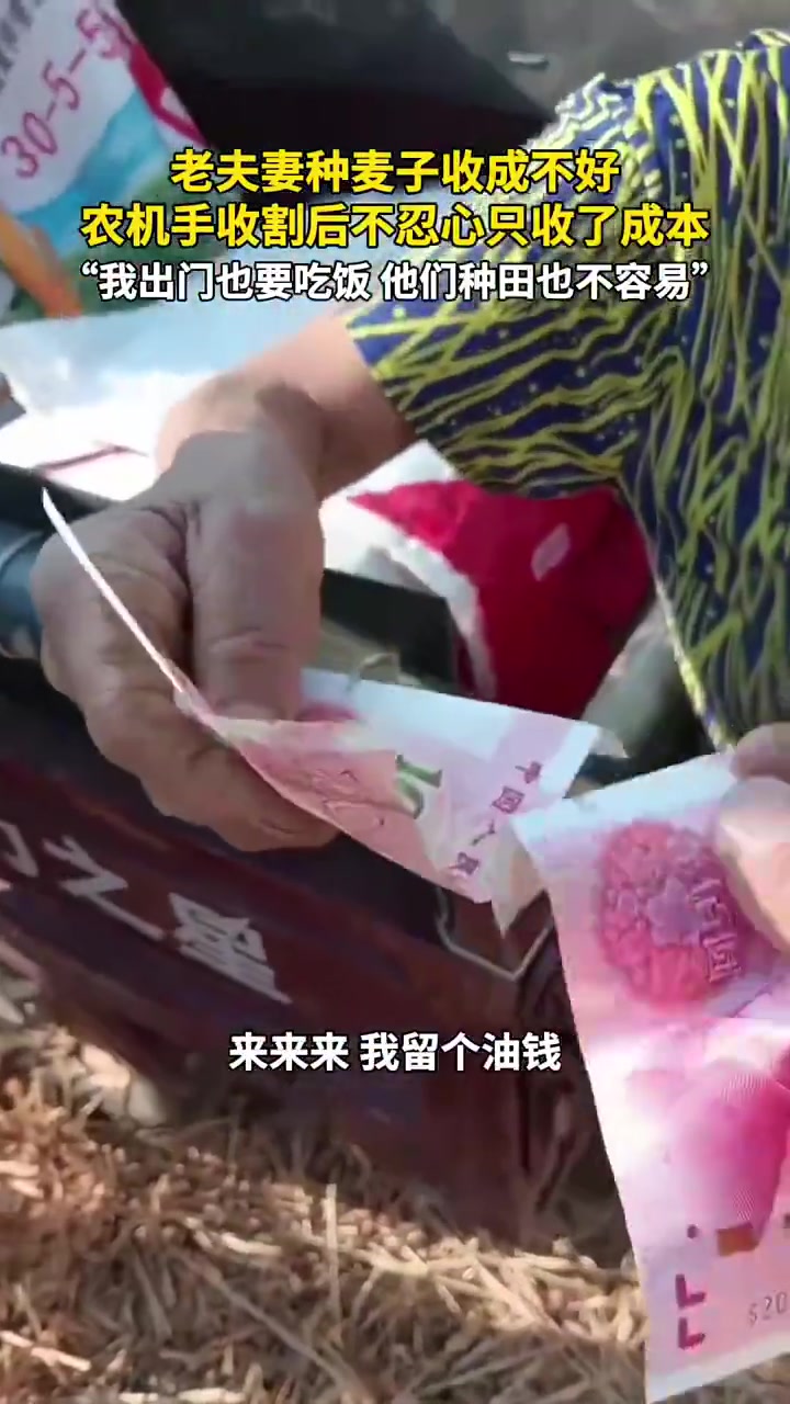 老夫妻种麦子收成不好，农机手收割后不忍心只收了成本