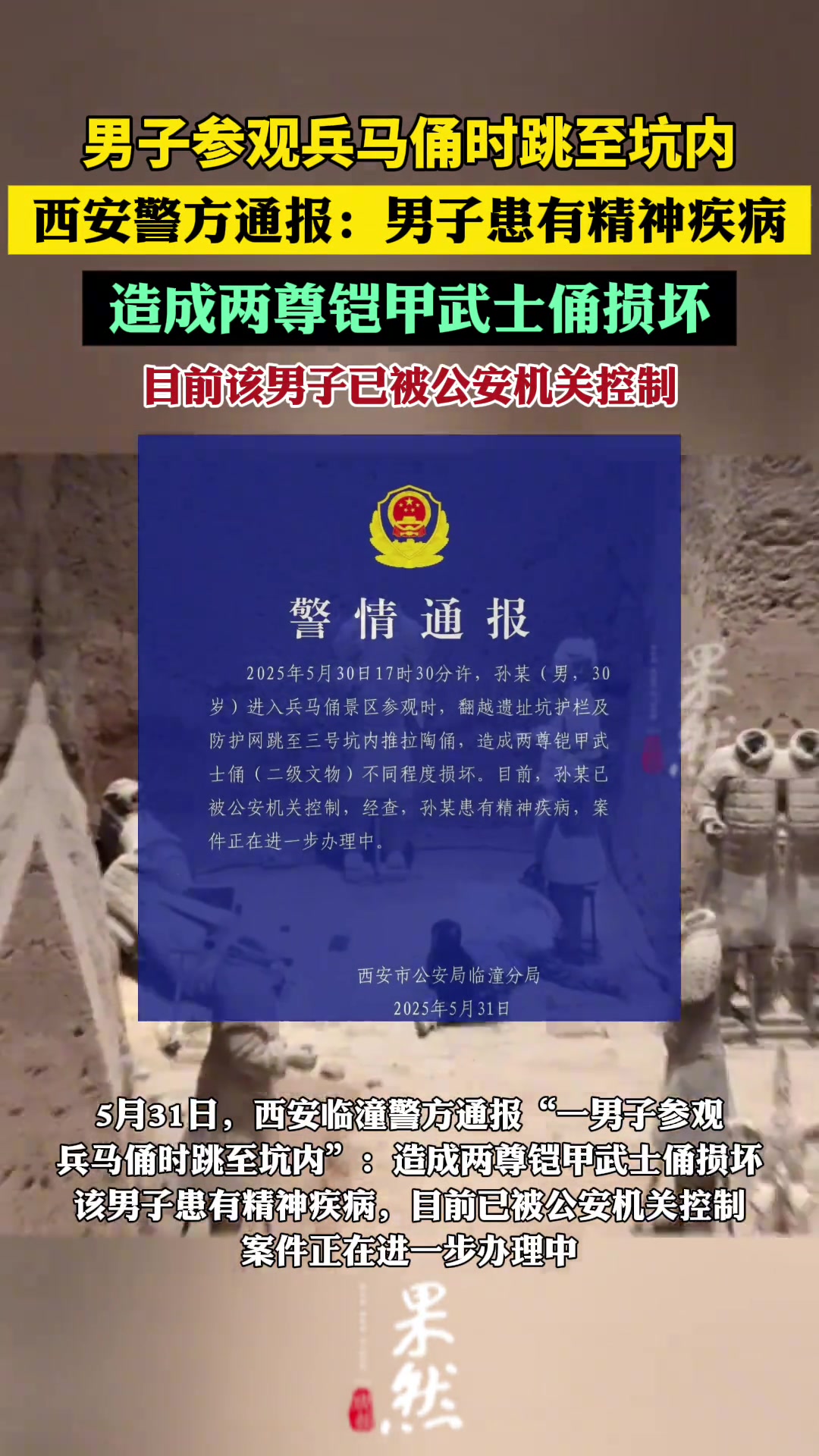 男子参观兵马俑时跳入坑内，造成俑受损！