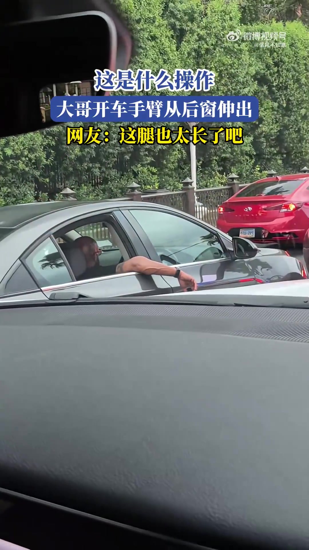 大哥开车手臂从后窗伸出，网友惊叹其腿长