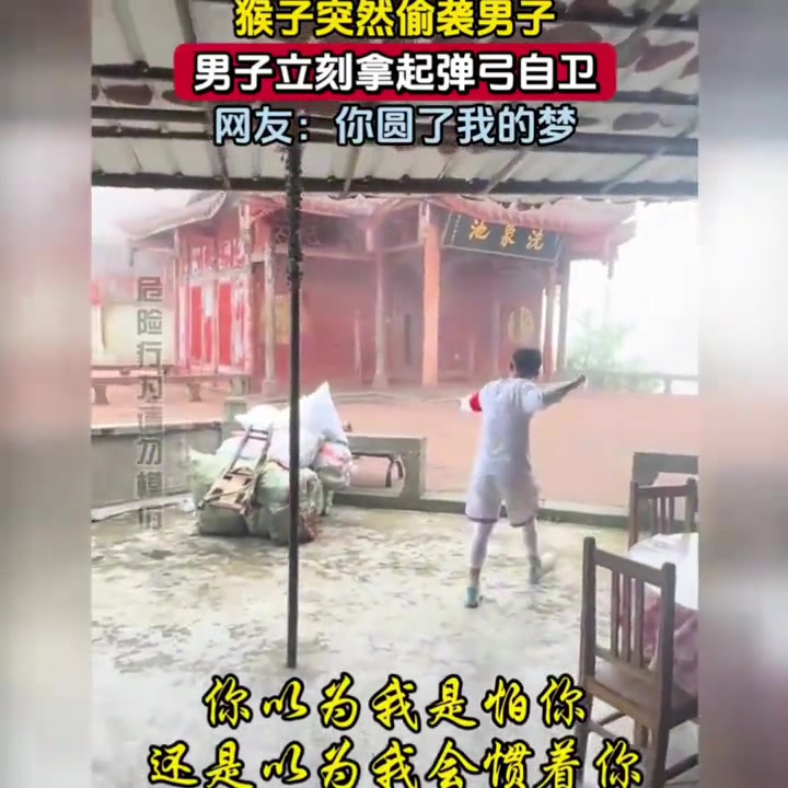 猴子突然偷袭男子,男子立刻拿起弹弓自卫