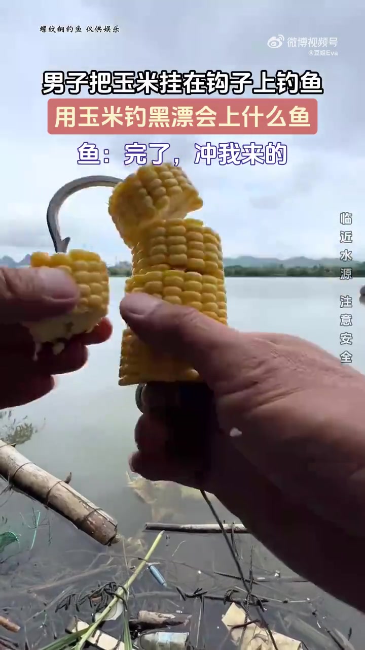 男子把玉米挂在钩子上钓鱼