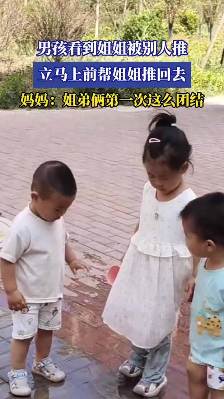 男孩看到姐姐被别人推,立马上前帮姐姐推回去
