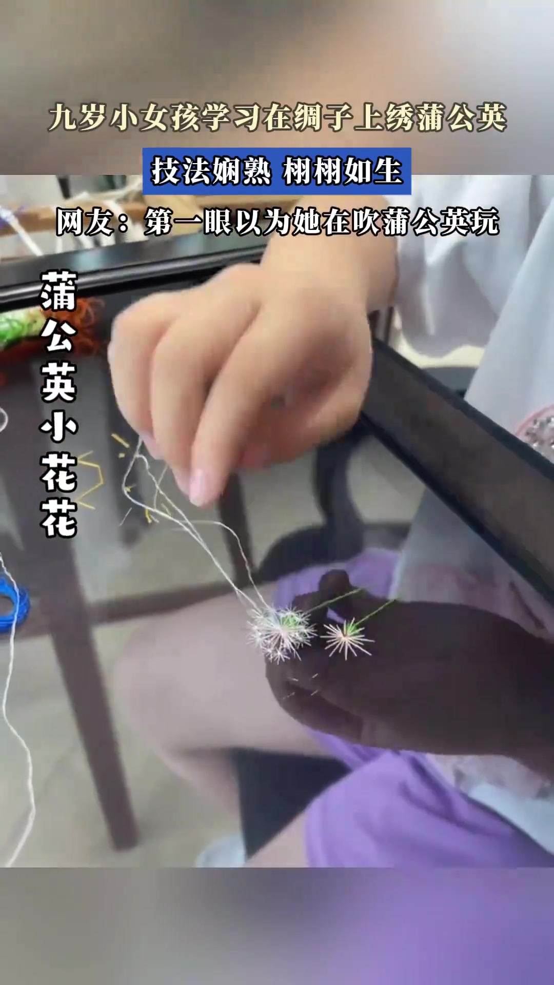 九岁女孩绸上绣蒲公英，技法娴熟，绣品栩栩如生