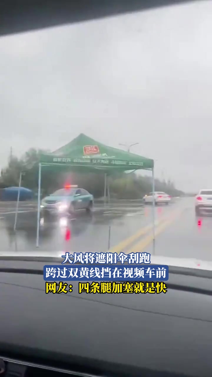 大风将遮阳伞刮跑，跨过双黄线挡在视频车前