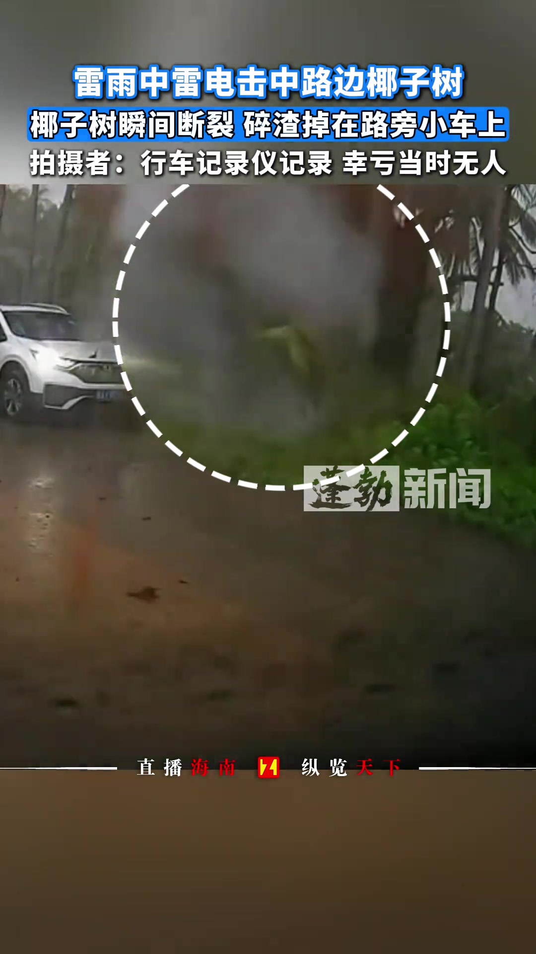 雷雨中雷电击中路边椰子树，椰子树瞬间断裂碎渣掉在路旁小车上