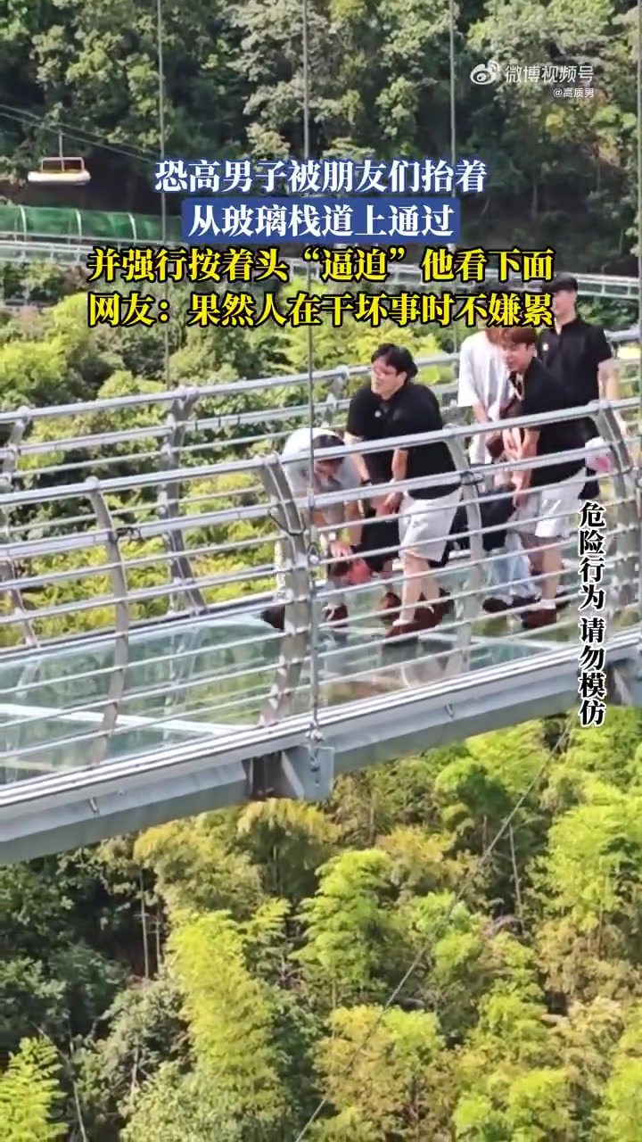 恐高男子被朋友们抬着从玻璃栈道上通过，强行按着头逼迫他看下面