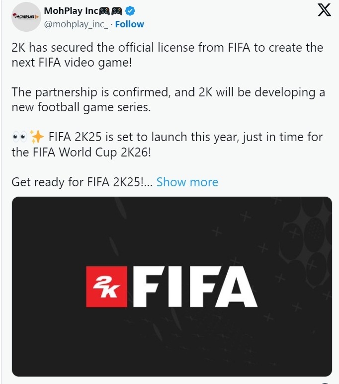 曝2K将开发《FIFA》新作：《FIFA25》今年就会发售