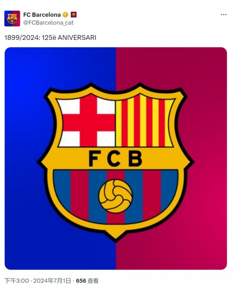巴萨晒队徽庆祝建队125周年，赢得27次西甲冠军+5次欧冠冠军