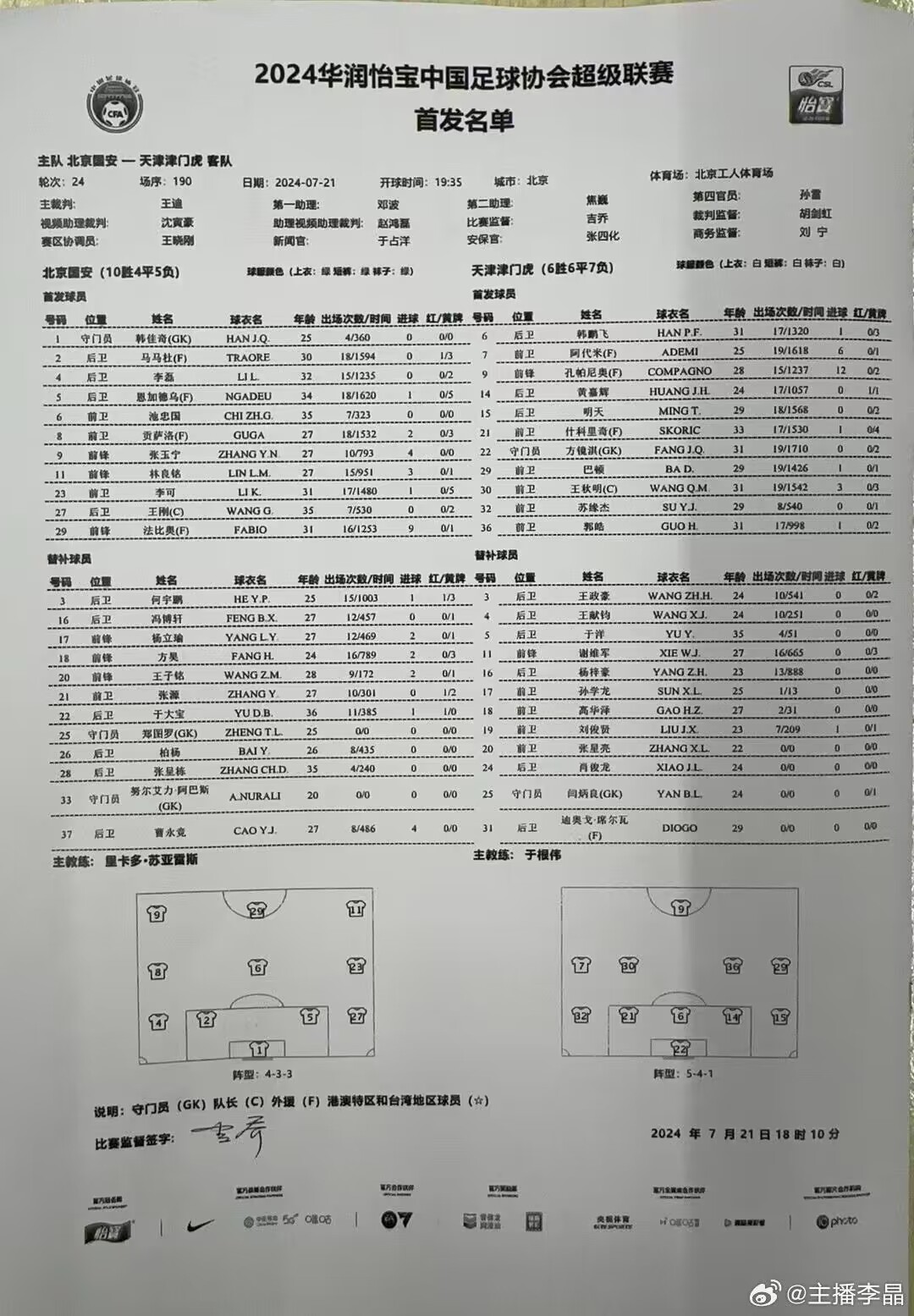 国安vs津门虎首发出炉！