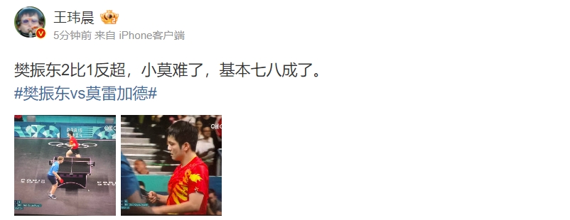 媒体人评樊振东反超对手：小莫难了 基本七八成了~