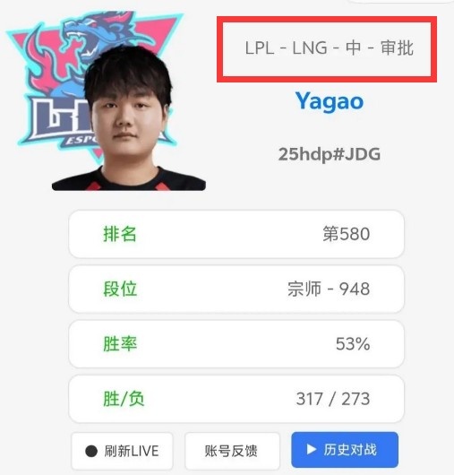 来了？OBGG显示LNG.Yagao选手正在审批