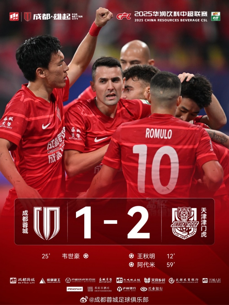 今晚成都蓉城主场对阵天津津门虎，最终12负于对手