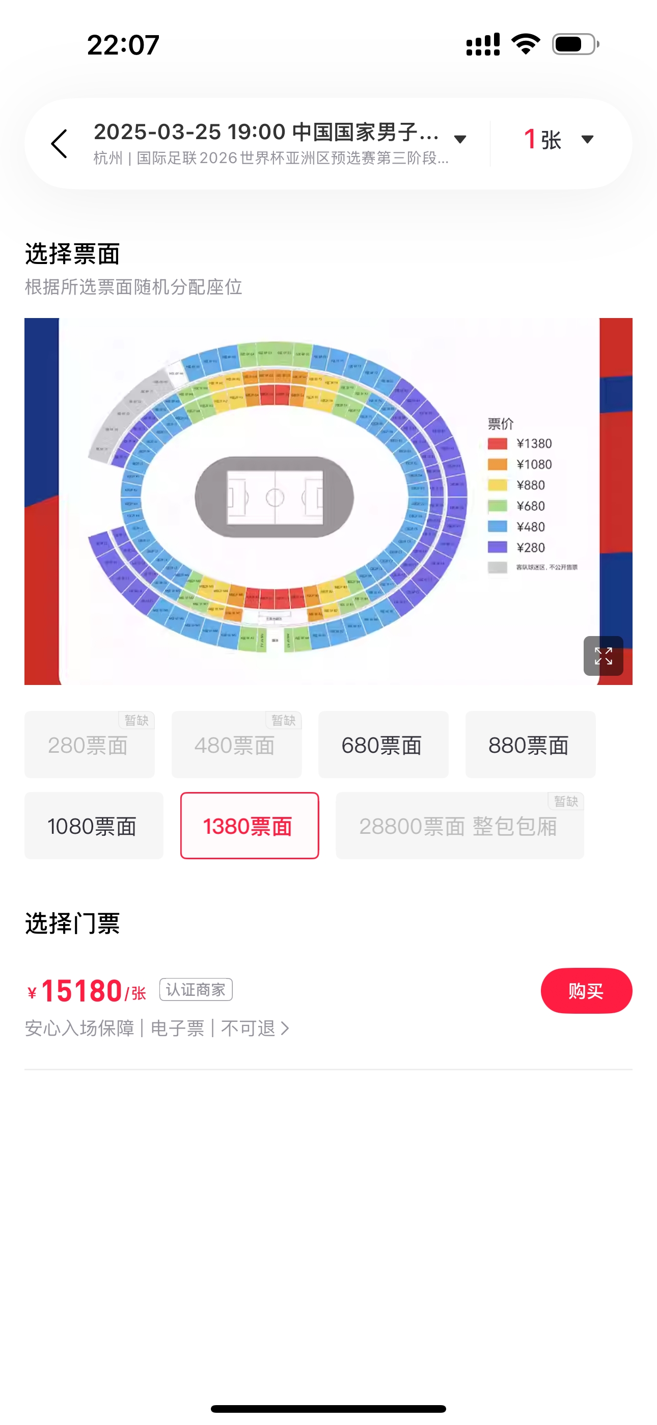 某平台国足黄牛票：票面1380卖15180元！票面最便宜的卖7223
