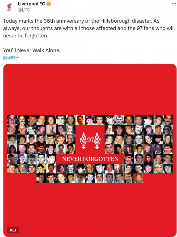 R.I.P.希尔斯堡惨案36周年，利物浦、埃弗顿发文悼念遇难者