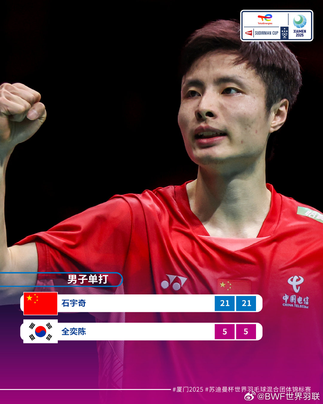 太残暴了！国羽2-1领先韩国，石宇奇两局只让韩国选手得10分